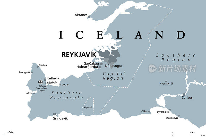 Iceland, Reykjavik, Capital Region and Southern Peninsula, gray political map